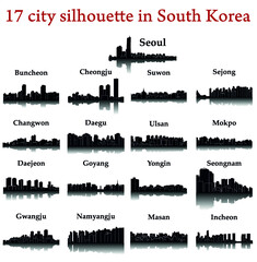 Obraz premium Set of 17 city silhouette in South Korea ( Seoul, Incheon, Ulsan, Goyang, Changwon, Daegu, Suwon, Cheongju, Daejeon, Yongin, Buncheon, Sejong, Mokpo, Masan, Seongnam, Gwangju, Namyangju )
