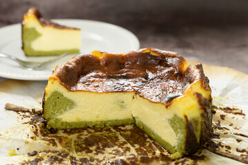 Basque Matcha burnt cheesecake freshly bake from oven