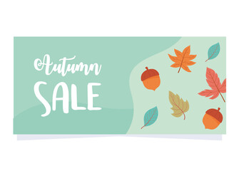 autumn sale, acorns and maple leaves green background, shopping sale or promo banner