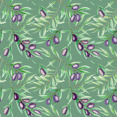 Greenery Seamless pattern Watercolor black olive tree branch leaves, Realistic olives illustration on green background, Hand painted fabric texture.
