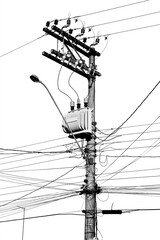 Poste de iluminação com transformador no fundo branco. Preto e Branco. 