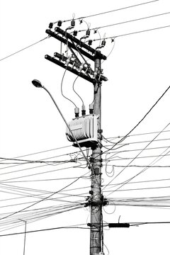 Poste de ilumina&ccedil;&atilde;o com transformador no fundo branco. Preto e Branco. 