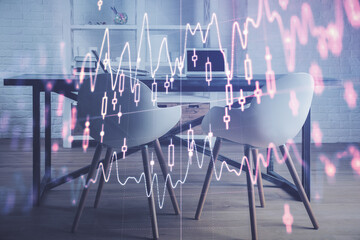 Multi exposure of financial graph drawing and office interior background. Concept of market analysis.