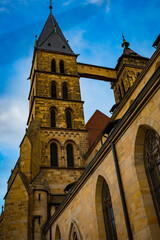 Fototapeta na wymiar Stadtkirche St. Dionys church with tall steeples in Esslingen.