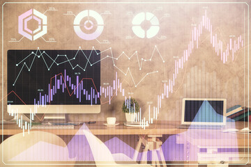 Multi exposure of financial graph drawing and office interior background. Concept of market analysis.