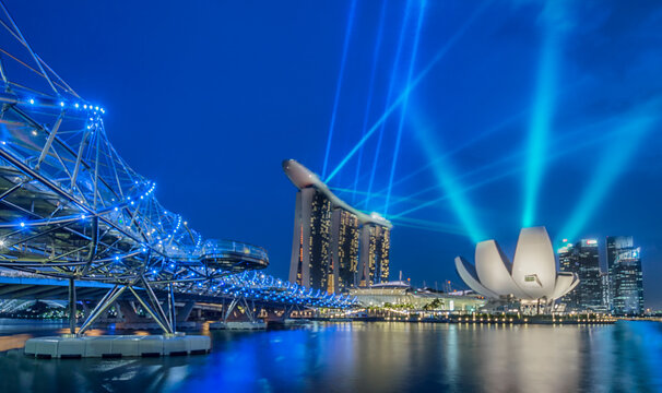 View of laser show in Singapore at dusk