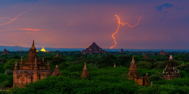 Lightning over ancient temples in Bagan, Myanmar