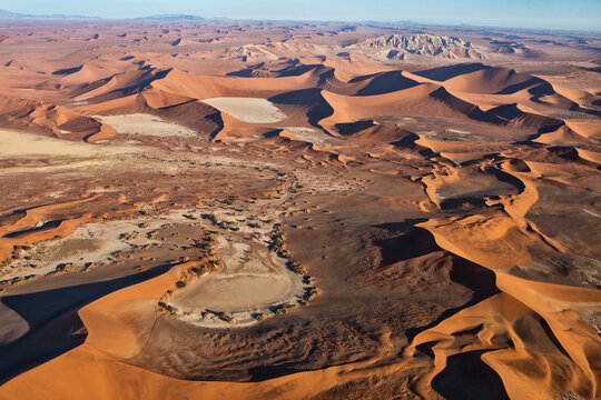 Aerial view of Sossusvlei pan and dunes in Namib Naukluft National Park