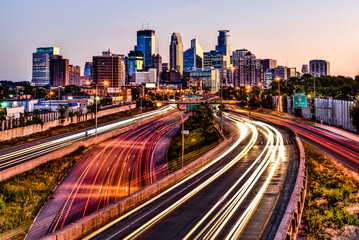 View of Minneapolis skyline during sunrise