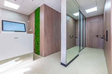 The combination of the modern office interior with the natural elements - wooden panels and the moss wall