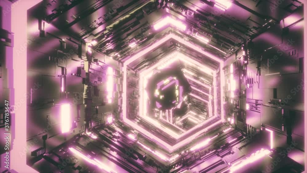 Aufkleber a camera flying after a mirror polyhedron along a dark hexagonal corridor lit by neon violet lights.