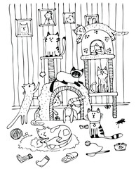 coloring book with cats playing, sleeping, hiding. Lots of cats in the game room with cat toys and a house. Black and white outline drawing. Hand drawing.