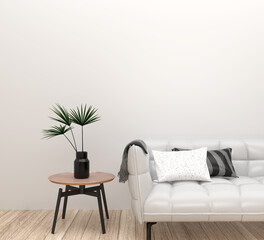sofa and modern side table with plant on white wall in living room with cushions and cloth. 3D illustration.