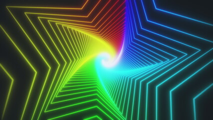 Rainbow glow star tunnel loop. Seamless 4K animation. Abstract motion screen background with animated loop box. Glowing neon frames with bright colors on a black background. 3D rendering