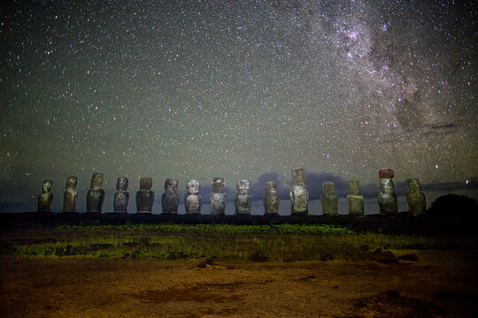 Milky way above Moai statues of Tongariki on Easter Island, Chile
