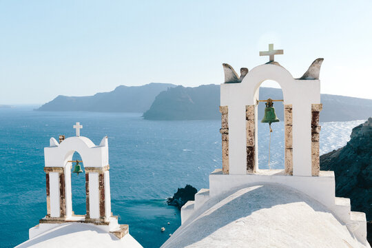 View of church bell towers on island