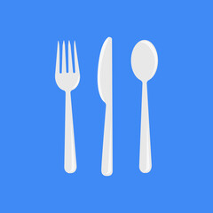 Fork, spoon and knife of white color. Silver kitchen tools in flat style. Cutlery set vector illustration. Isolated on background