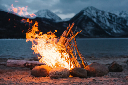 Campfire along shore of Twin Lakes, Colorado