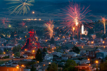 Firework display over historic town of Butte