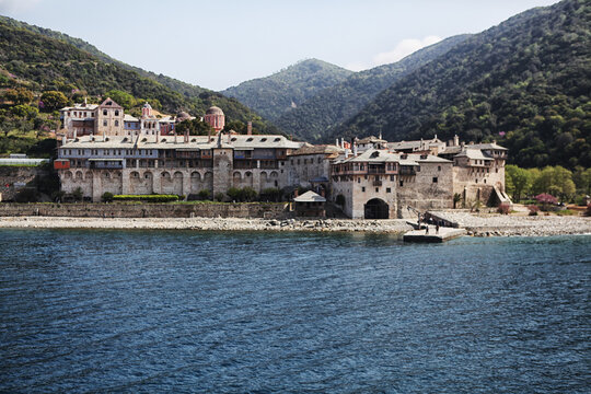 View of Xenophon's Monastery with Mount Athos in background