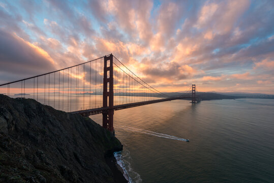 View of Golden Gate Bridge during sunrise