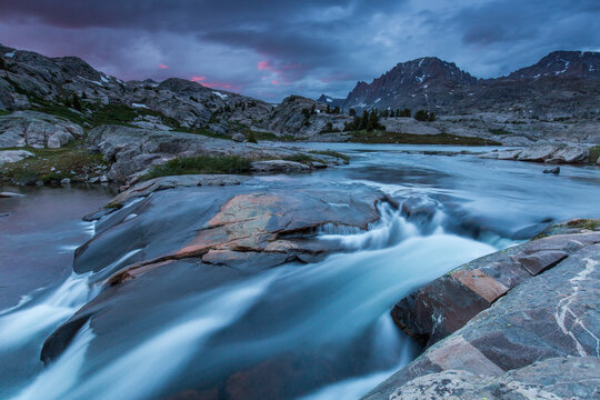 Long exposure of waterfalls of Pot Lake in Titcomb Basin