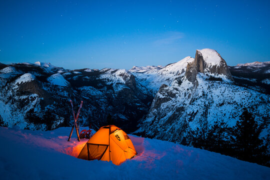View of illuminated tent in Yosemite National Park