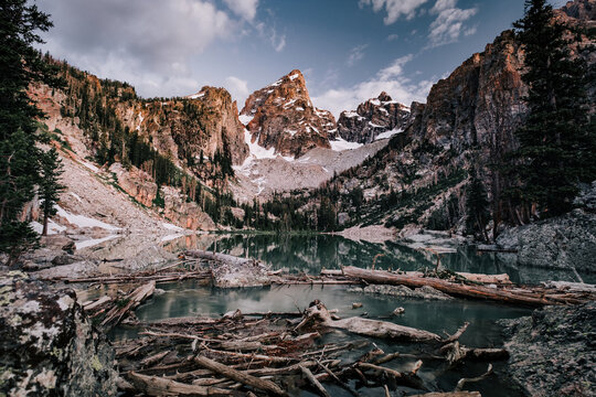 View of piled logs on Delta Lake in Grand Teton National Park