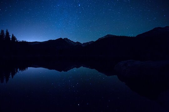 Scenic view of Longs Peak and Bear Lake at night