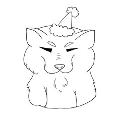 black and white illustration coloring image of a puppy's head with a Christmas hat in cartoon style Doodle isolated on a white background, animals, for prints, postcards, design fabric, textiles