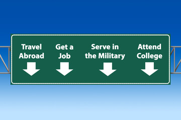 Life choices on a freeway green sign with arrows — Illustration