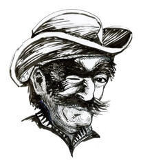 A cowboy blinks an eye. An old robber with a mustache and a hat. Ink drawing.