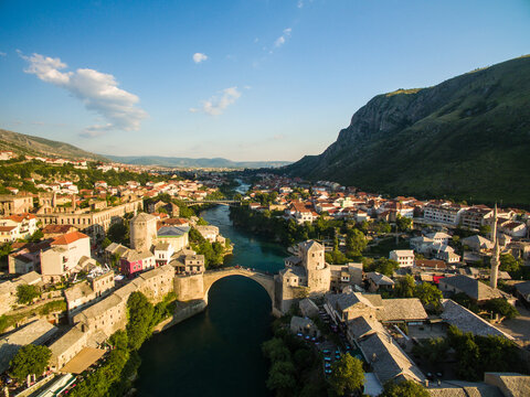 View of Mostar Bridge crossing River Neretva in town