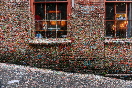View of bubble gum covered wall and window sill