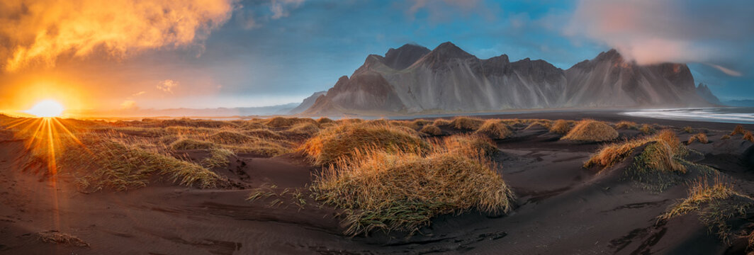 View Of Black Sand Beach And Vestrahorn Mountain During Sunset