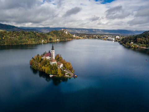 Aerial view of Pilgrimage Church of the Assumption of Maria in Lake Bled