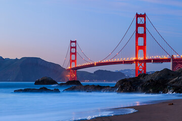 View of Baker Beach and Golden Gate Bridge in San Francisco