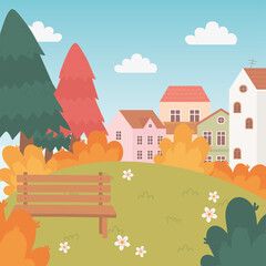landscape in autumn nature scene, village houses bench trees flowers grass cartoon