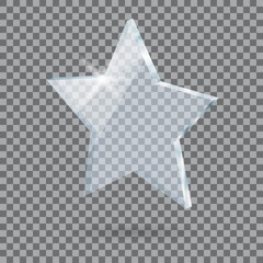 Glass realistic 3d star on transparent background. Glass texture with glares and light. - 376791054