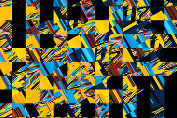 Background of black and bright colored squares. Yellow-blue-black pattern. Vivid imagination. Contrasting abstraction.