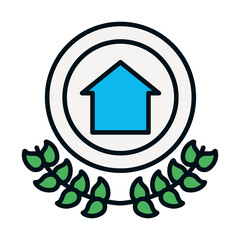 human rights symbol, badge with house icon and decorative wreath of leaves, line and fill style