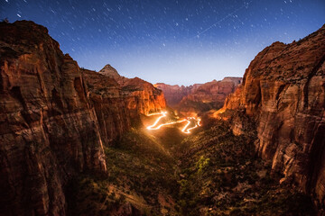 View of SR9 winding road in Zion National Park at night