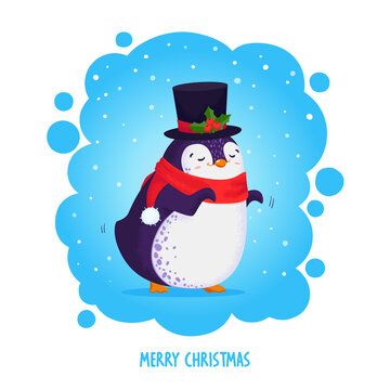 Hand drawn cute dancing penguin in new year top hat. Merry Christmas greetings in cartoon style. Vector illustration.