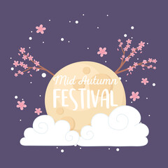 happy mid autumn festival, night full moon cloud branches sakura flowers