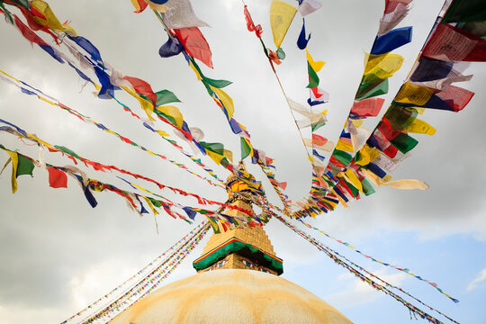 Low angle view of prayer flags on Boudhanath Stupa
