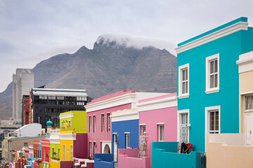 View of colorful houses with Table Mountain in background