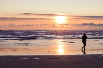 Fototapeta na wymiar Woman Walking on Ocean Beach at Sunset