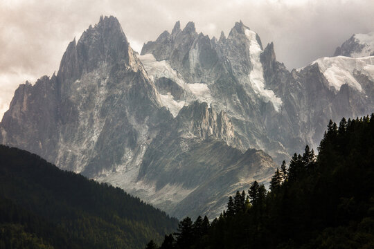Scenic view of Mont Blanc massif against cloudy sky