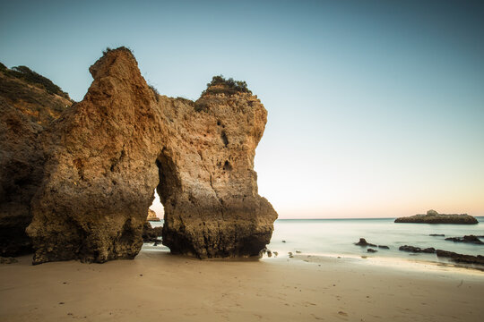 View of rock formation on Praia do Camilo beach