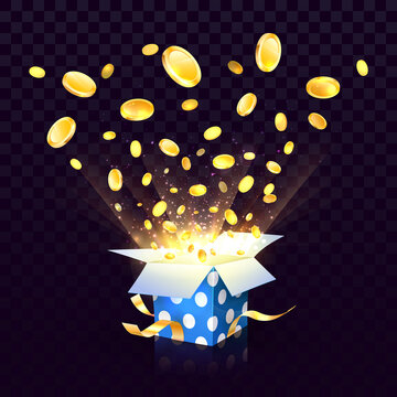 Isolated vector open textured gift box with coins explosion out on the transparent background. Big win of wealth design elements
